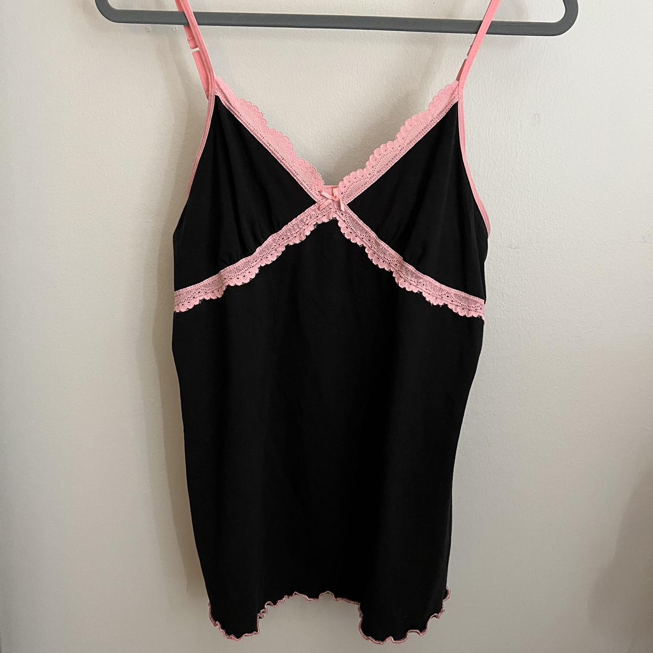 Black and Pink tank with pink lace and bow, lettuce... - Depop