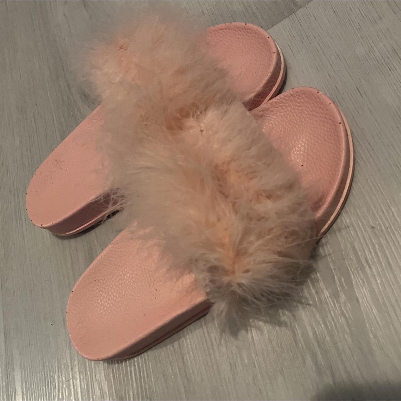 Fuzzy pink slippers Furry slides Woman size 8… - Depop