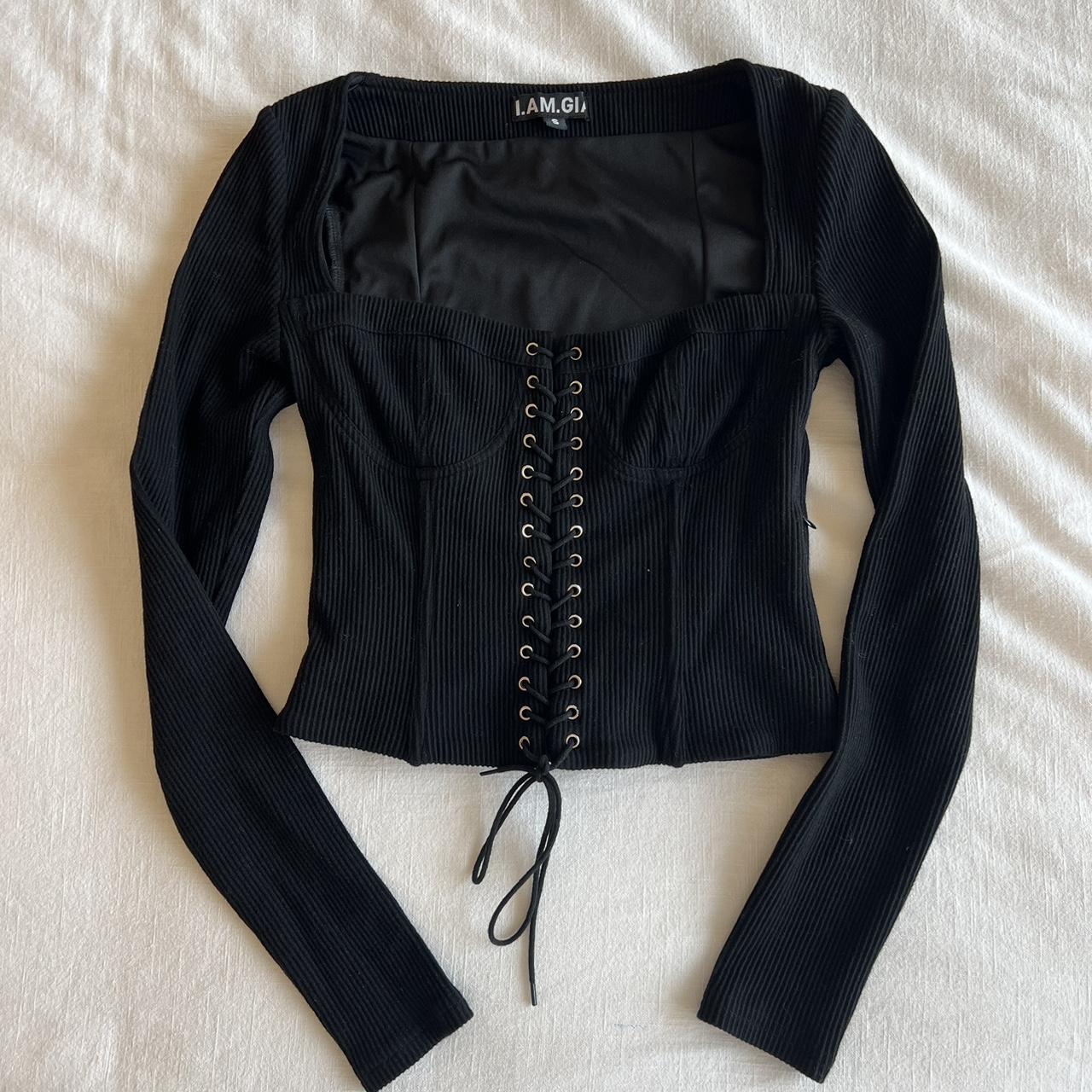 I.AM.GIA Portia Lace-Up Long Sleeve Corset Top Black Ribbed Cotton Siz –  Celebrity Owned