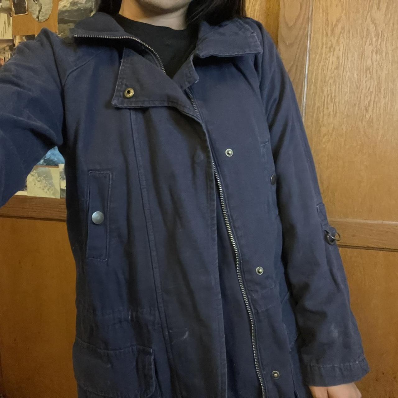 MATTY M Faded Navy Blue Coat Long Coat Button/Zip Up... Depop