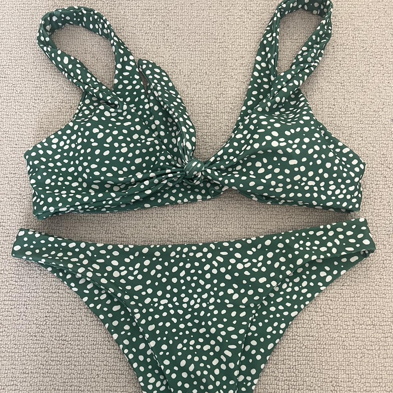 Green fashion and white polka dot bikini