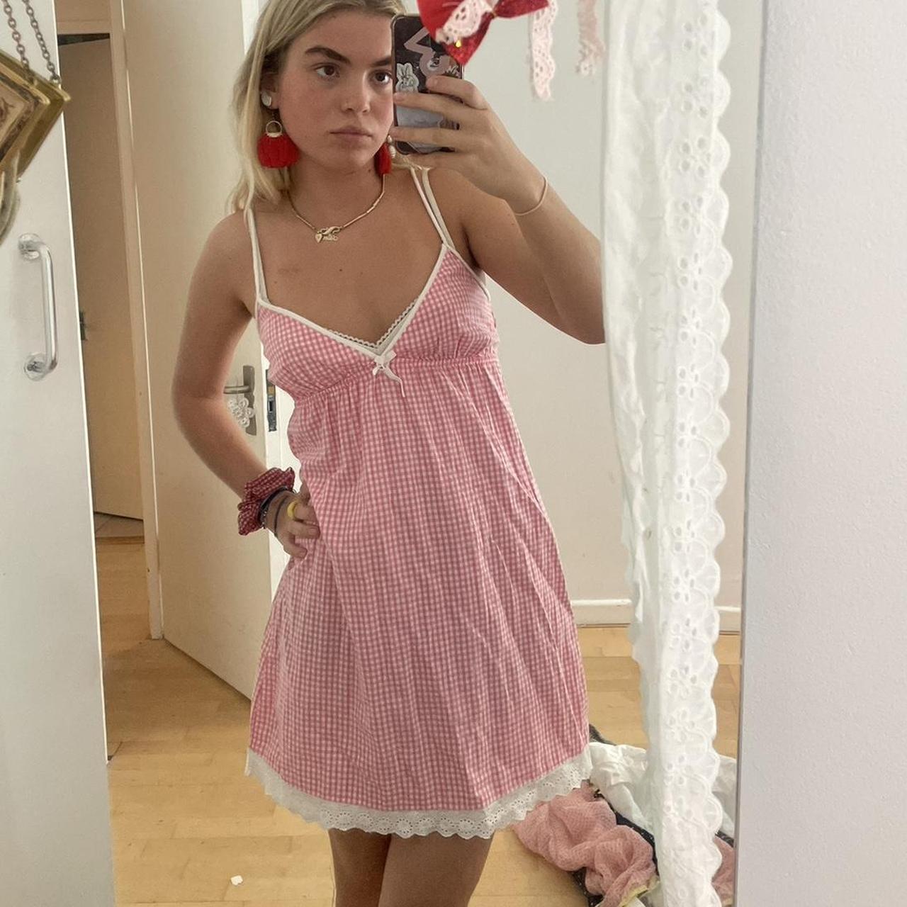 The cutest pink gingham mini dress with white lace... - Depop