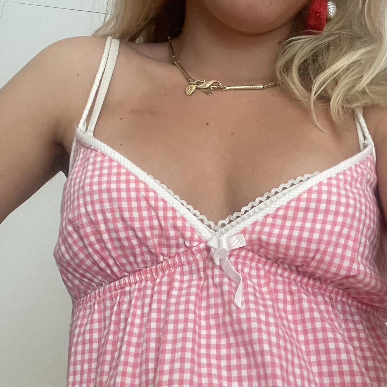 The cutest pink gingham mini dress with white lace... - Depop