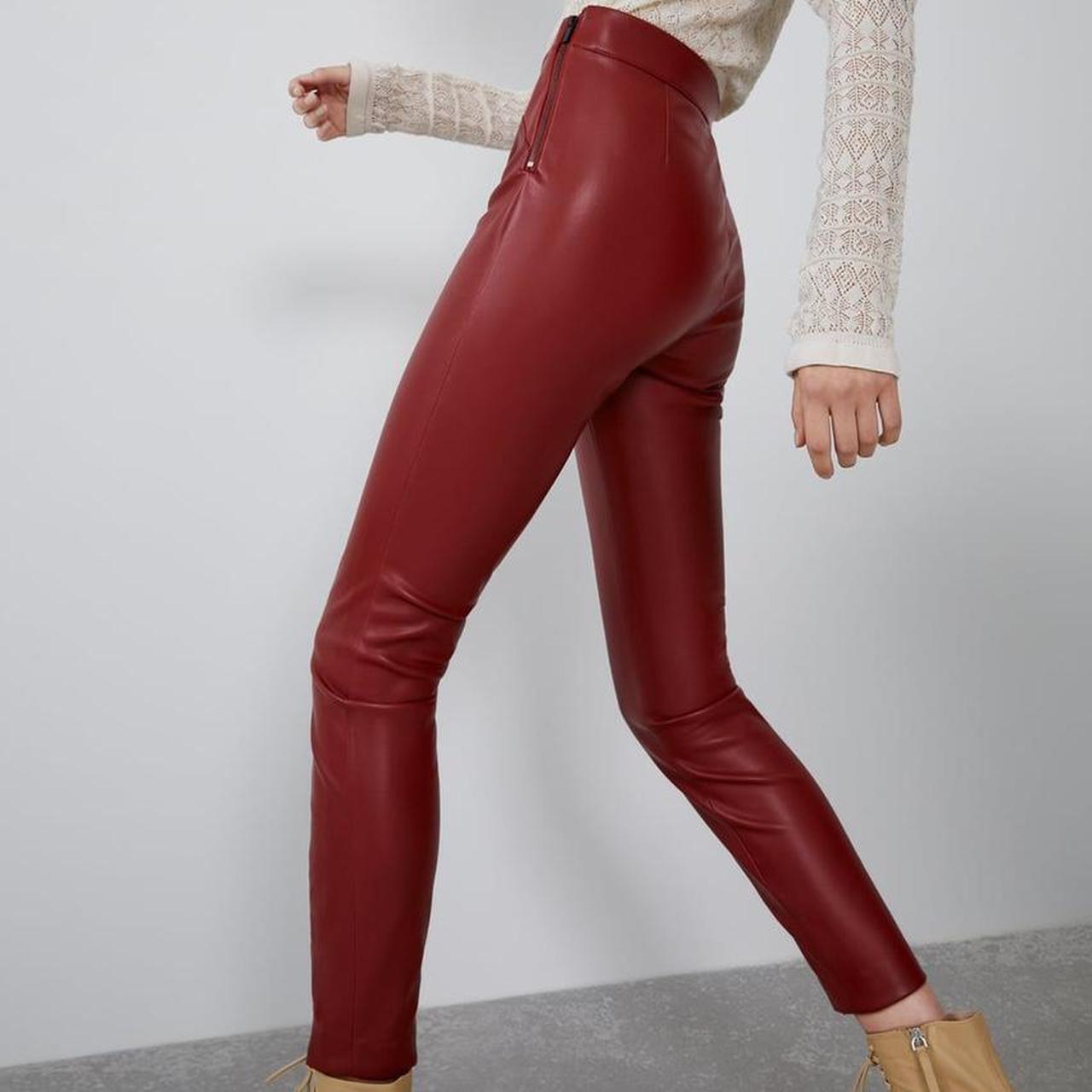 Red leather Zara trousers Size XS (4-6) Slim... - Depop
