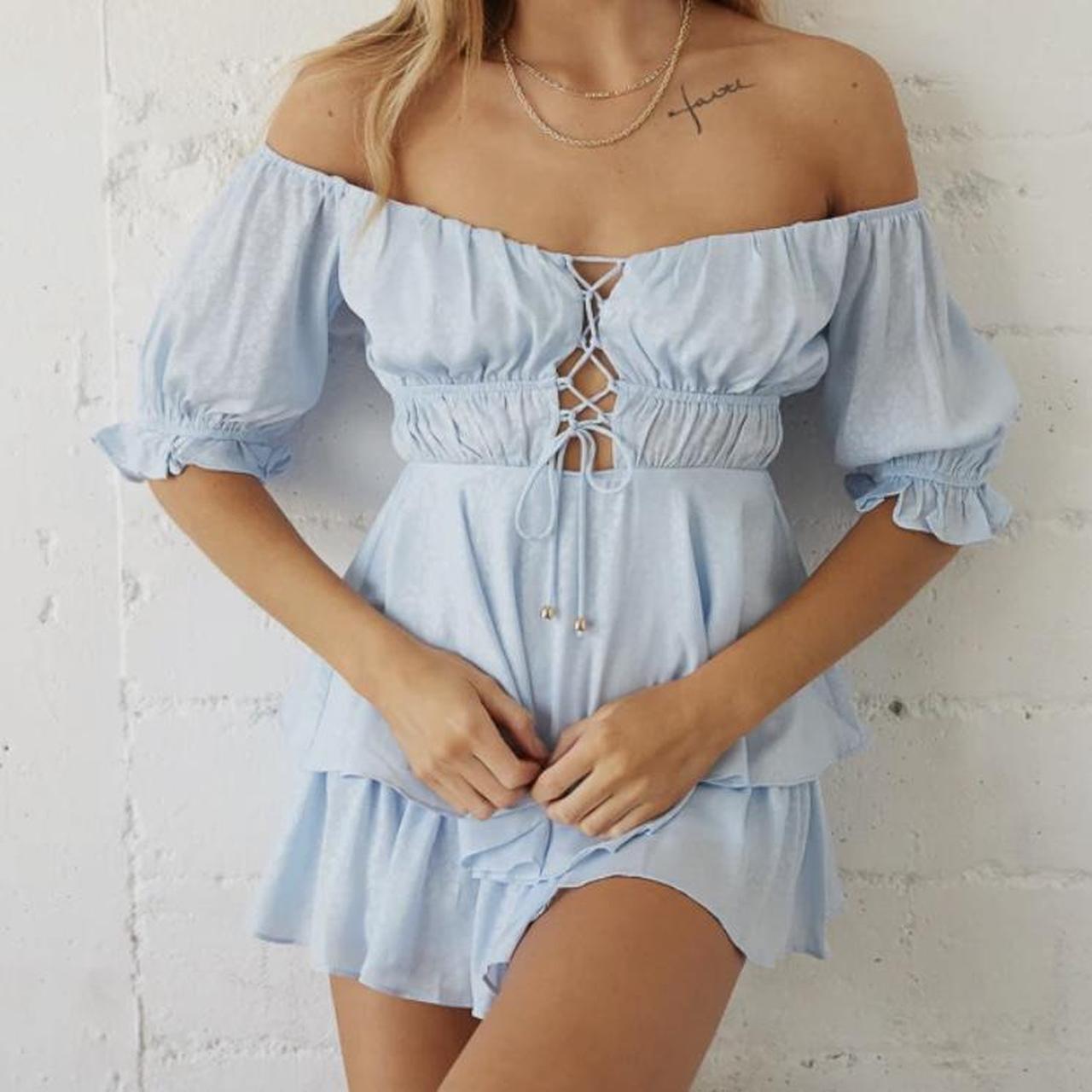 American Threads Light Blue Romper Puff Sleeves...