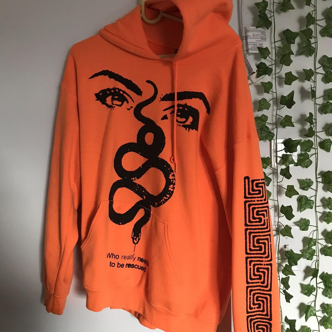 Orange hoodie sale with black writing