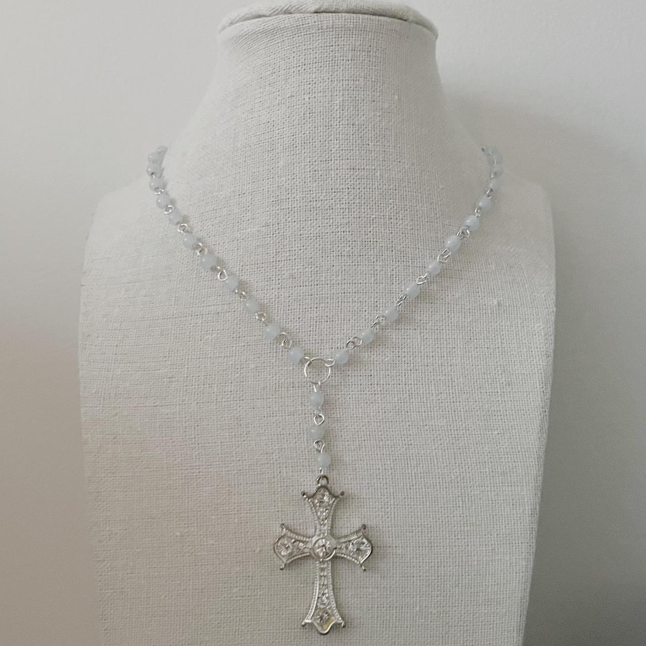 silver and light blue rosary style beaded necklace... - Depop
