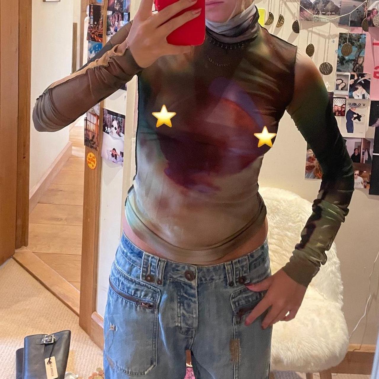 Mesh long sleeve top featuring a multicoloured and... - Depop