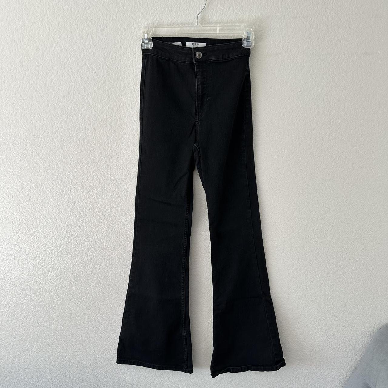 bershka denim black high rise flare pants size... Depop