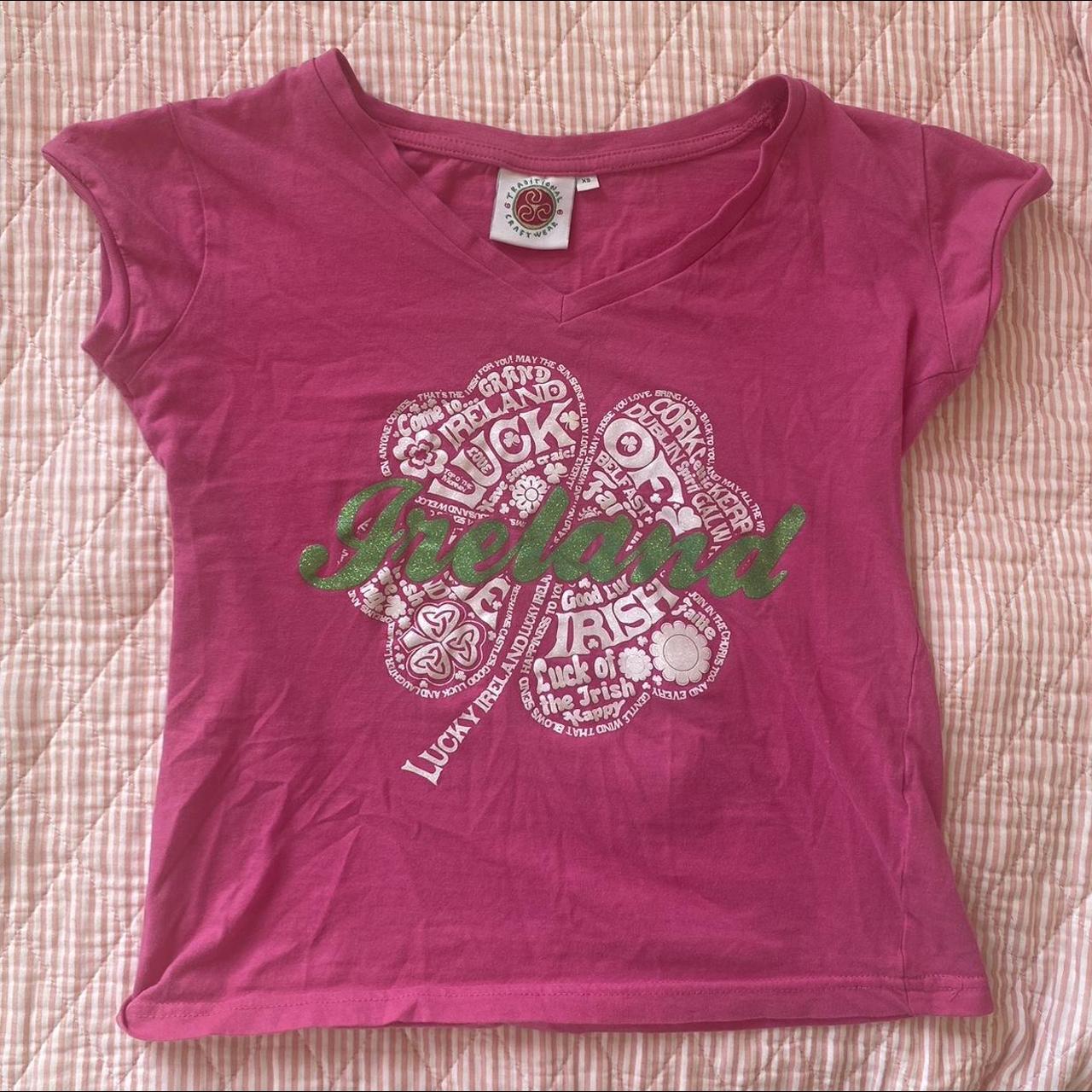 Hot pink xs v neck baby tee with sparkly green... Depop