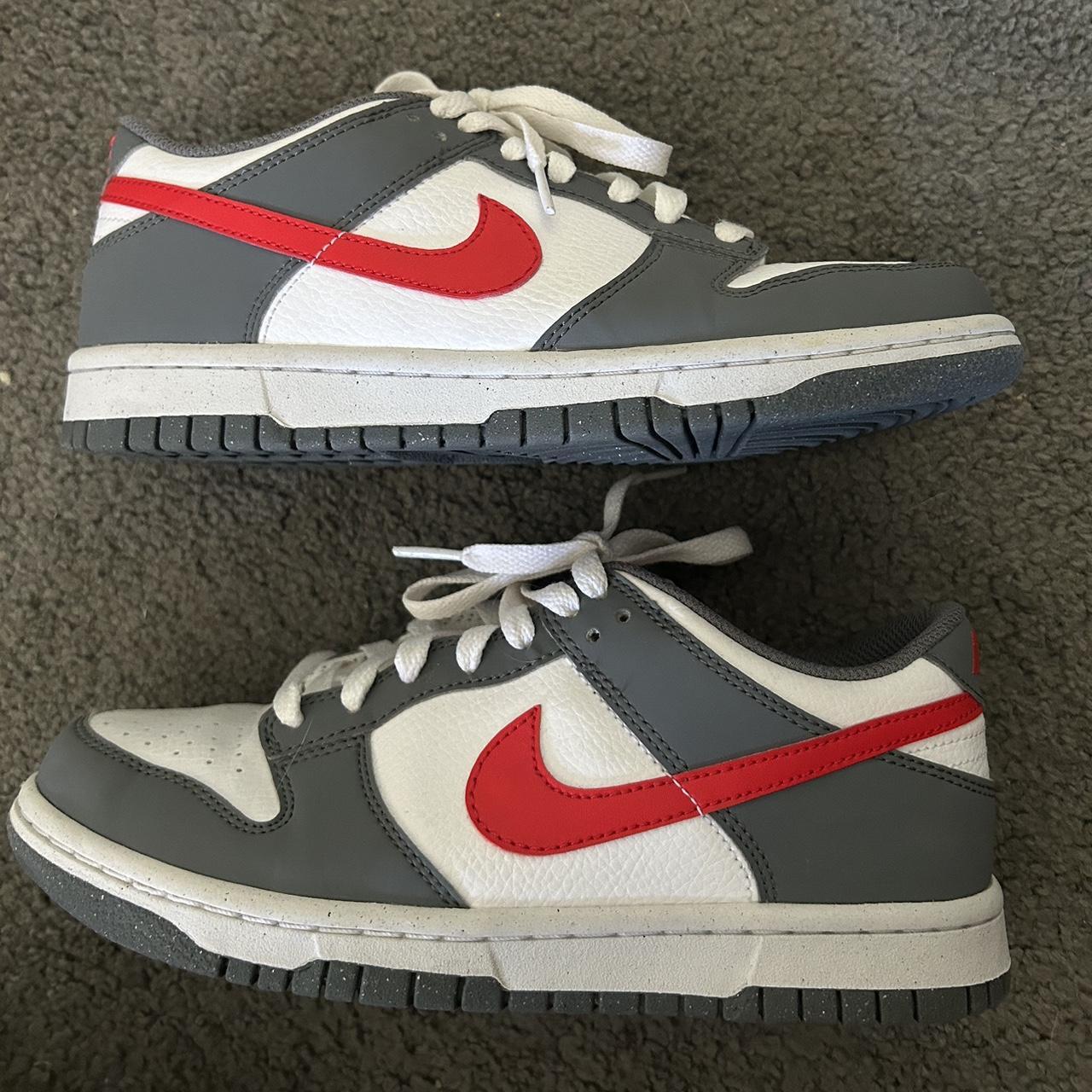 Grey and red Nike dunks Youth size 5 but women’s... - Depop