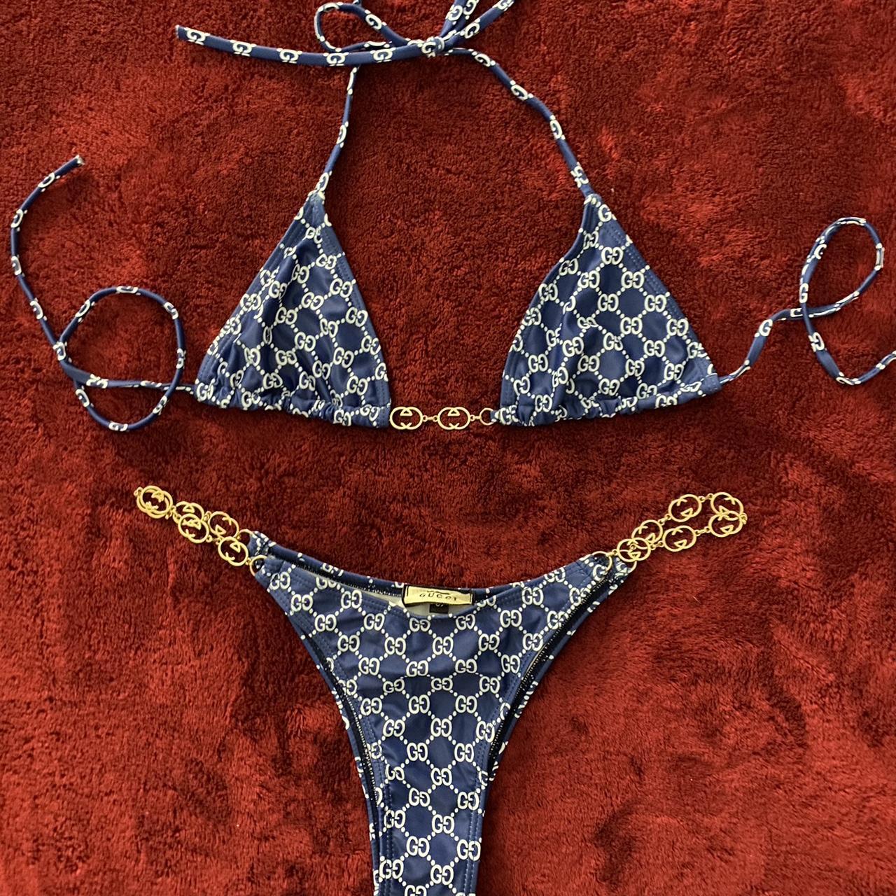 the cutest blue bikini with gold chain double G’s!!... Depop