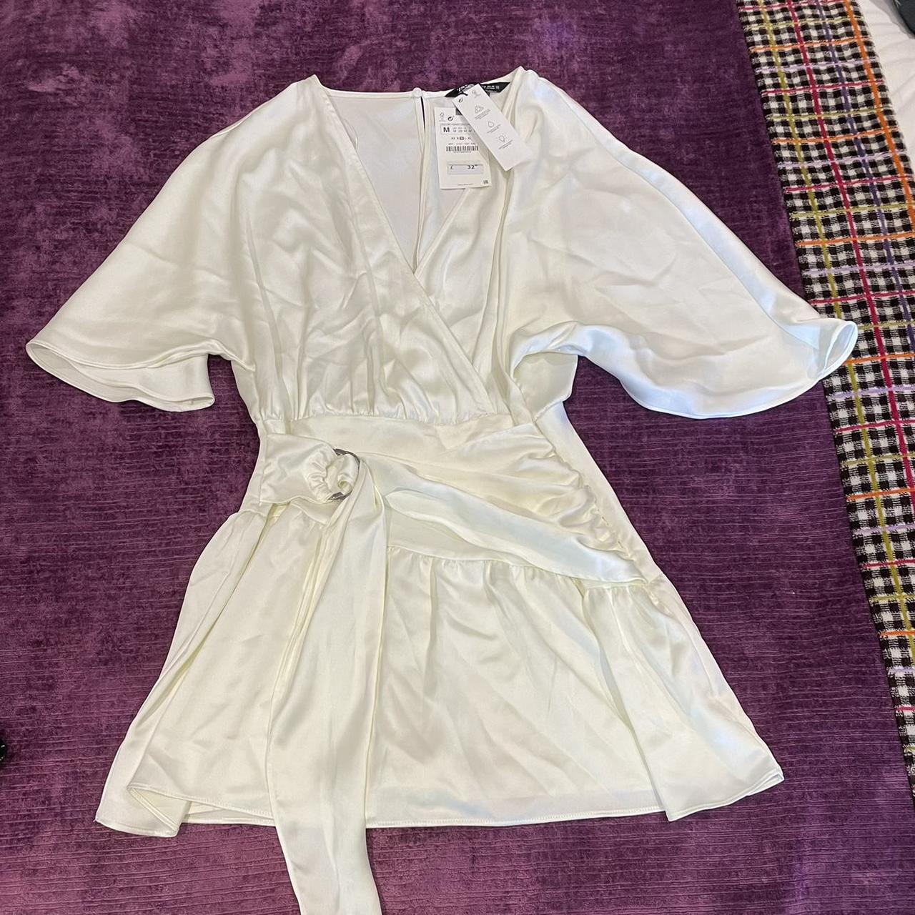 zara white satin effect mini playsuit with belt bnwt... - Depop