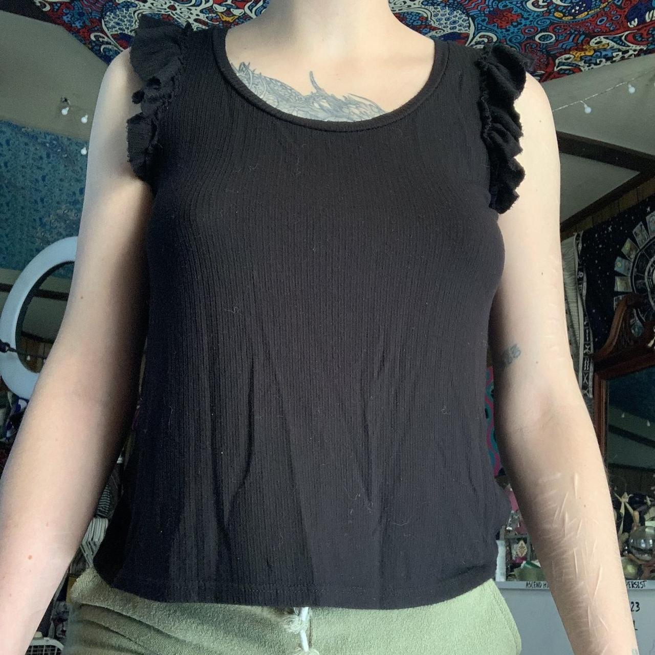 Black scoop neck flutter sleeve / lettuce hem sleeve... - Depop