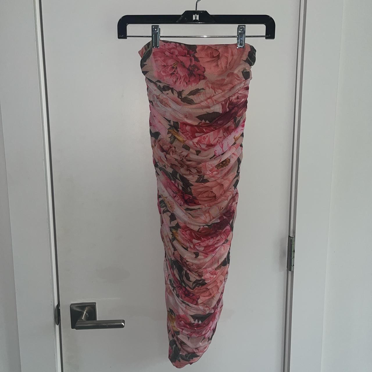 Express pink floral print chiffon strapless dress XS - Depop
