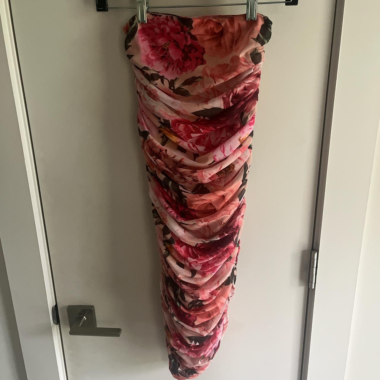 Express pink floral print chiffon strapless dress XS - Depop image.