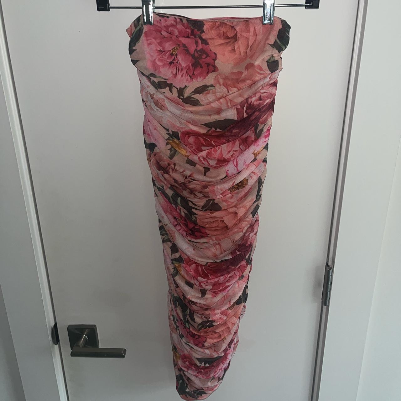 Express pink floral print chiffon strapless dress XS - Depop