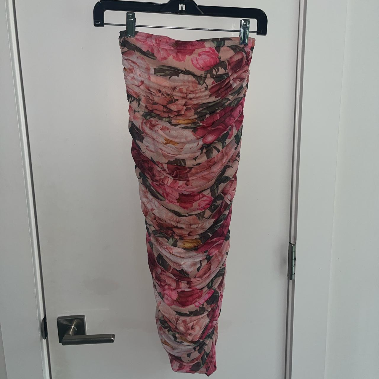 Express pink floral print chiffon strapless dress XS - Depop