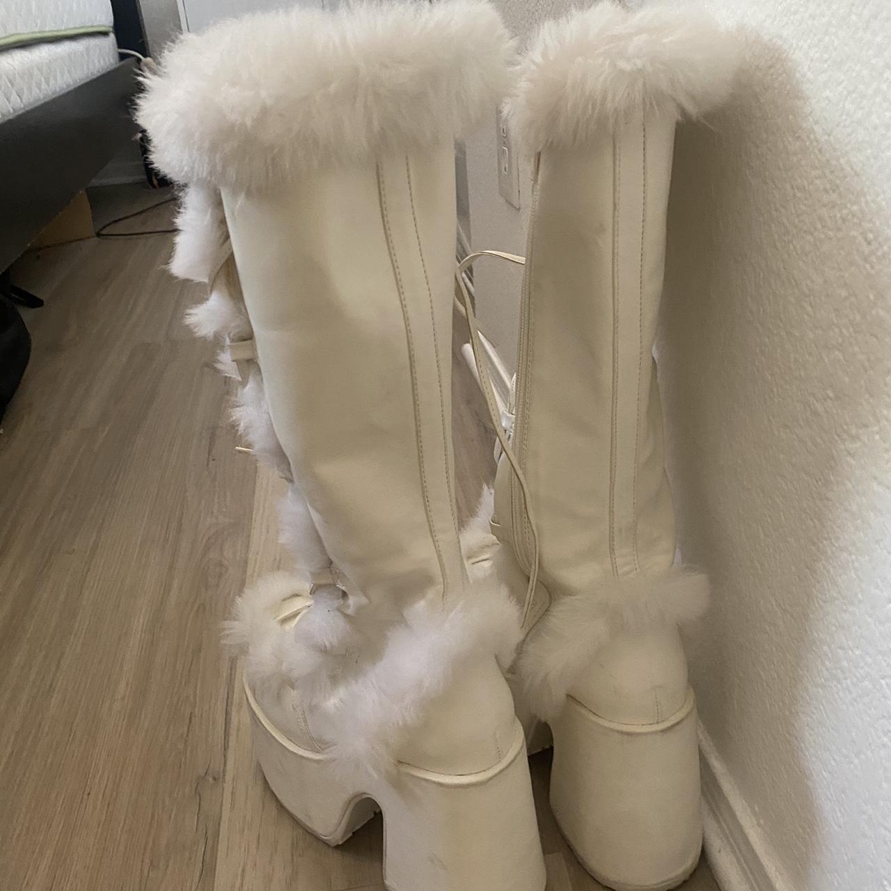 White furry camel Demonias platform shoes Size 7 Used - Depop