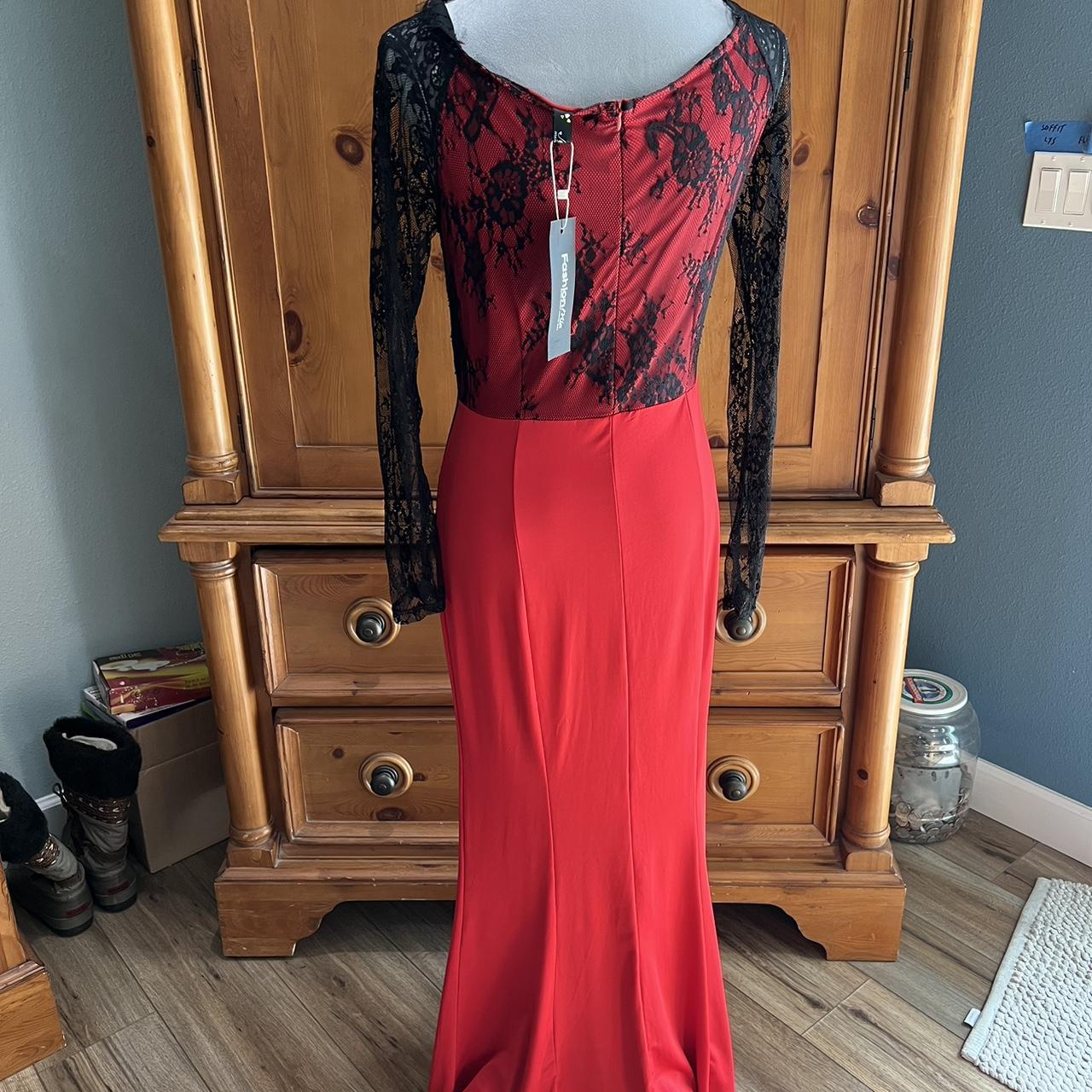 Fashion Mia Red and Black Lace Maxi Dress Sz L Depop