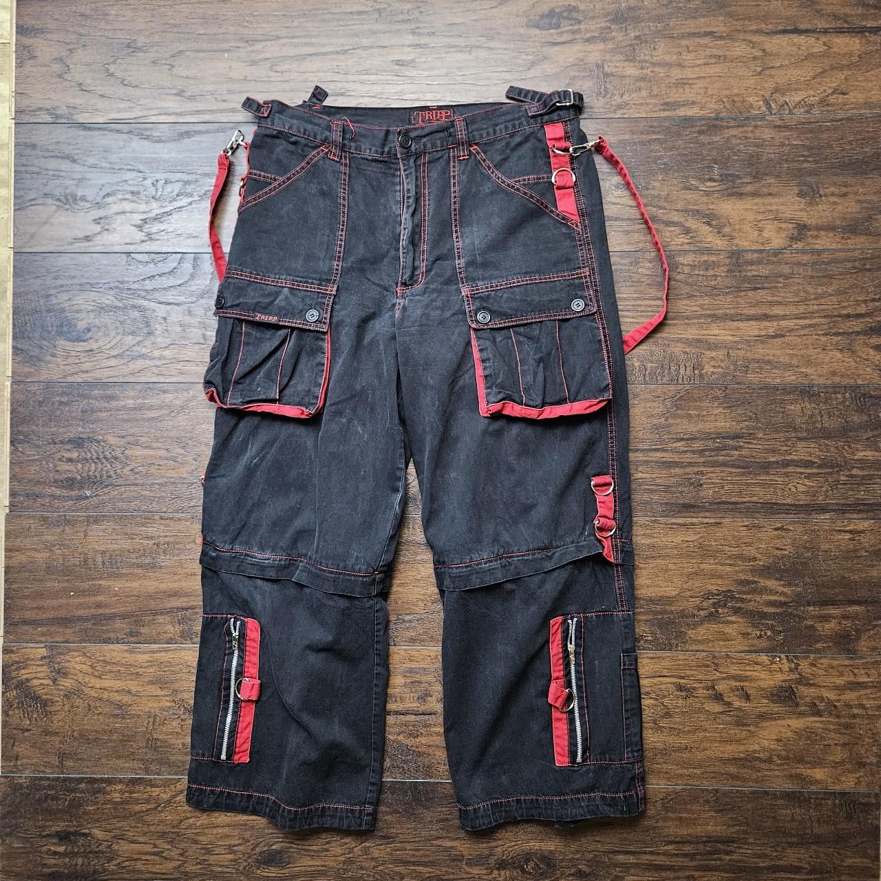 Y2K Tripp NYC X-Strap Black Red Zip Off Cargo Pants...