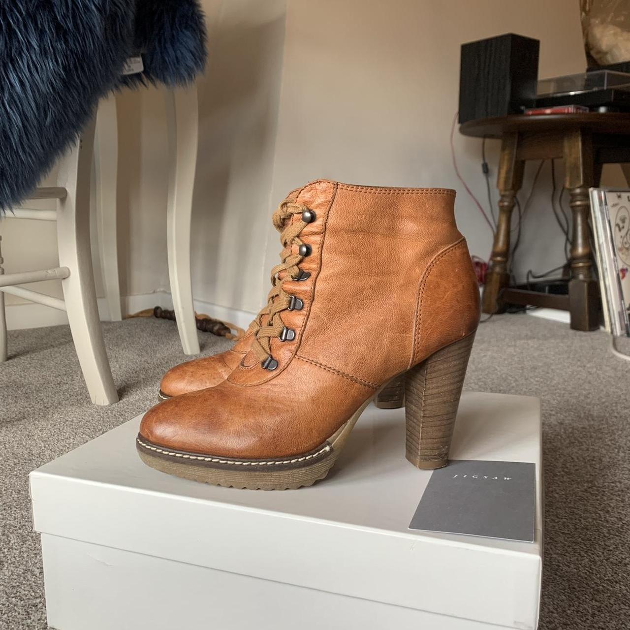 Jigsaw tan leather heeled boots!! Lace up boots, a... Depop