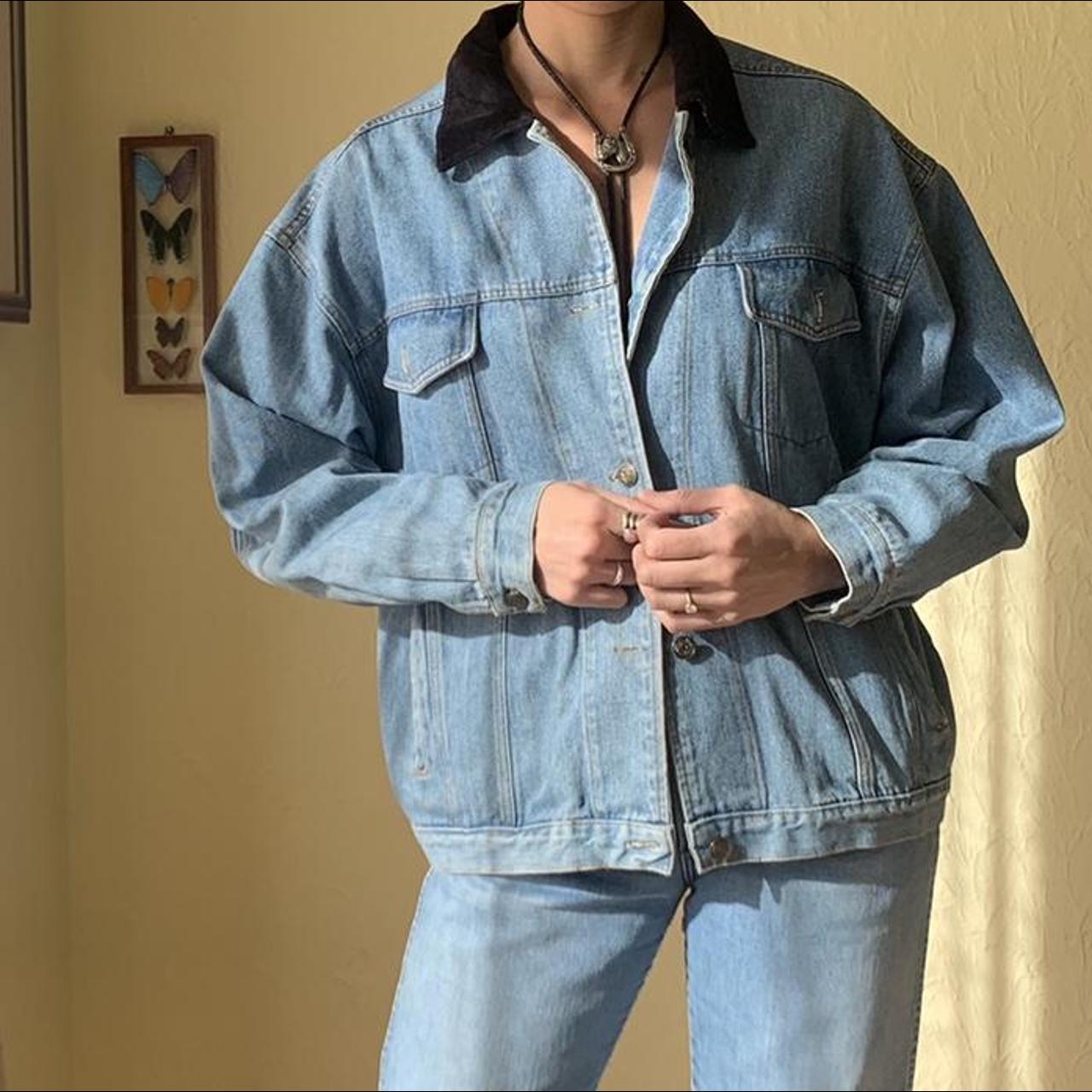 vintage jean jacket with black velvet collar medium... - Depop