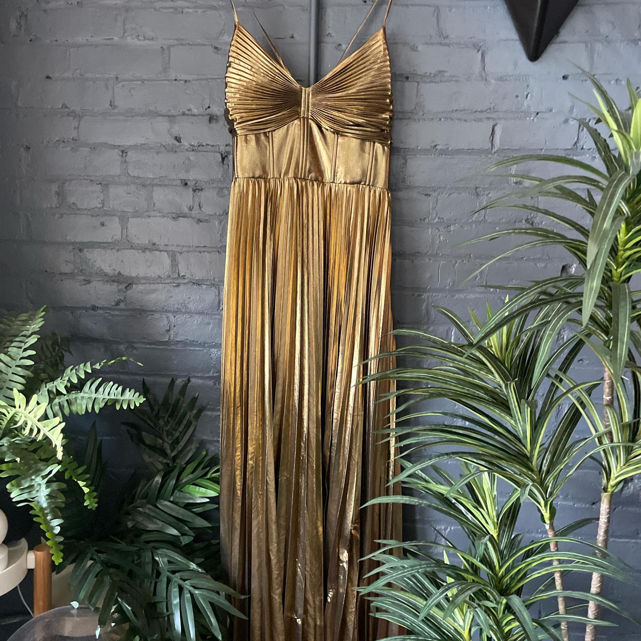 Banana Republic Gold metallic pleated maxi dress... - Depop