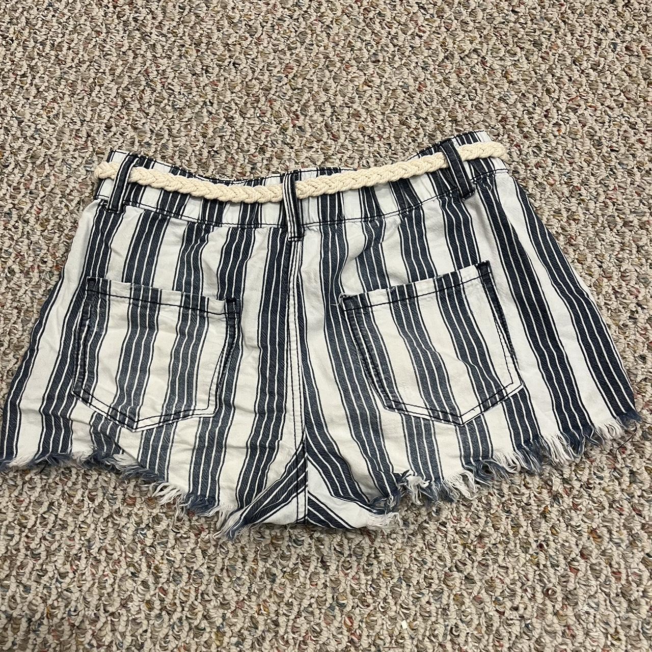 Stripped blue and white jean shorts with rope belt... - Depop