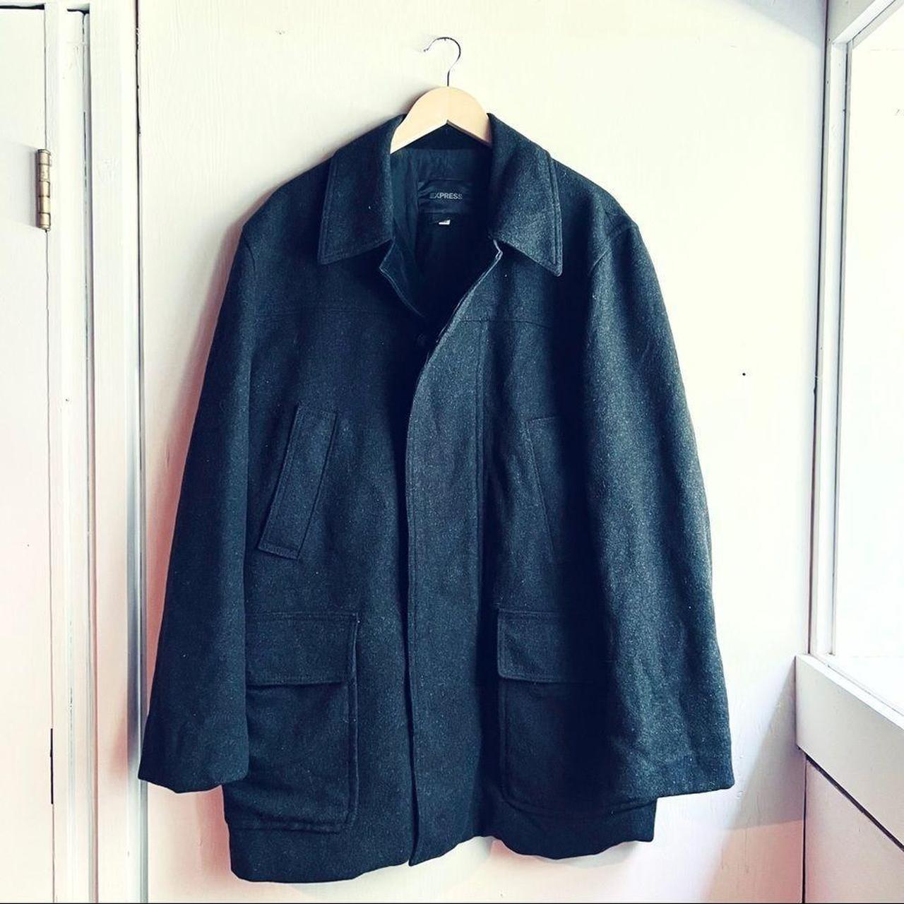 Dark charcoal grey wool blend peacoat with pockets... - Depop