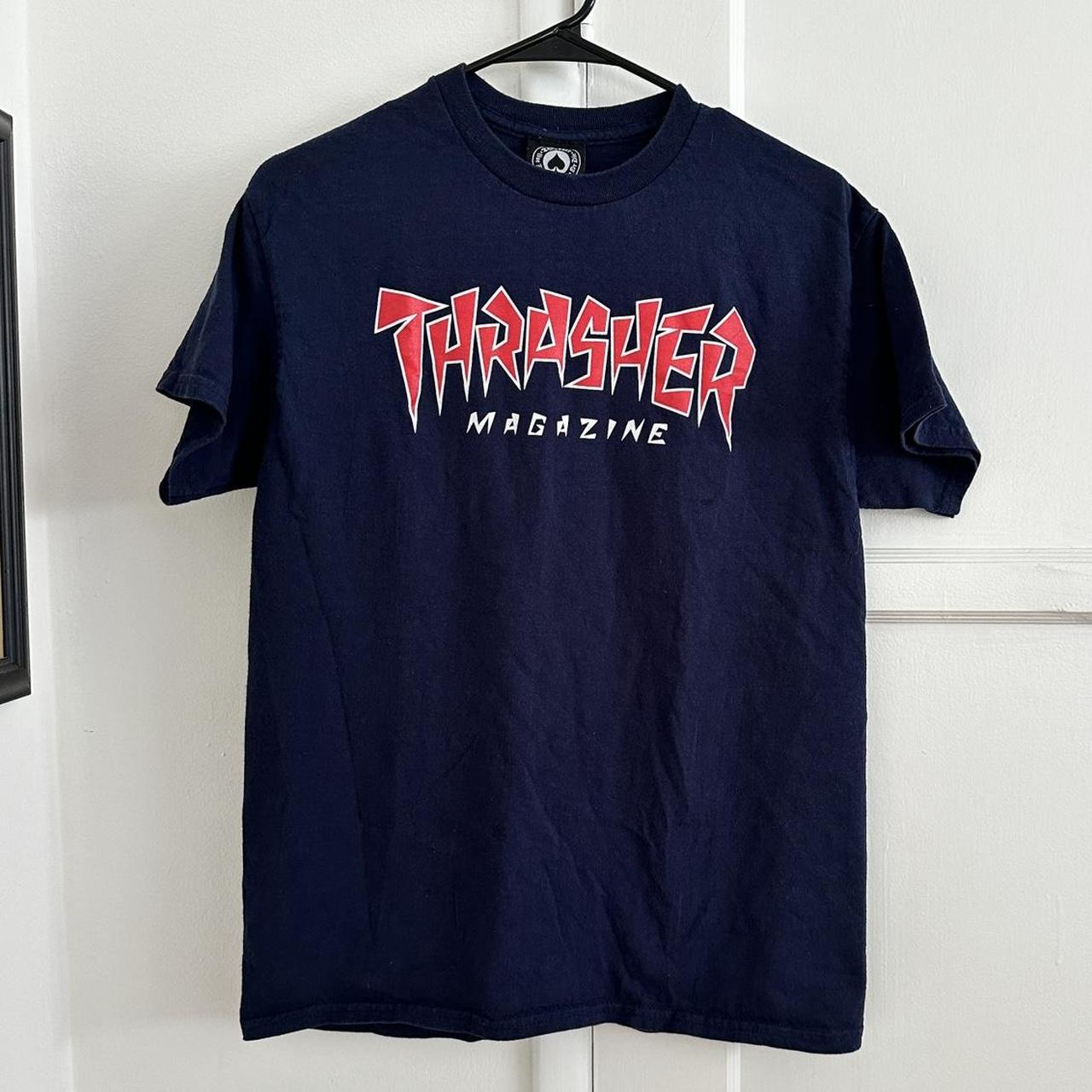 Thrasher navy blue and red tee Size medium Never. Depop