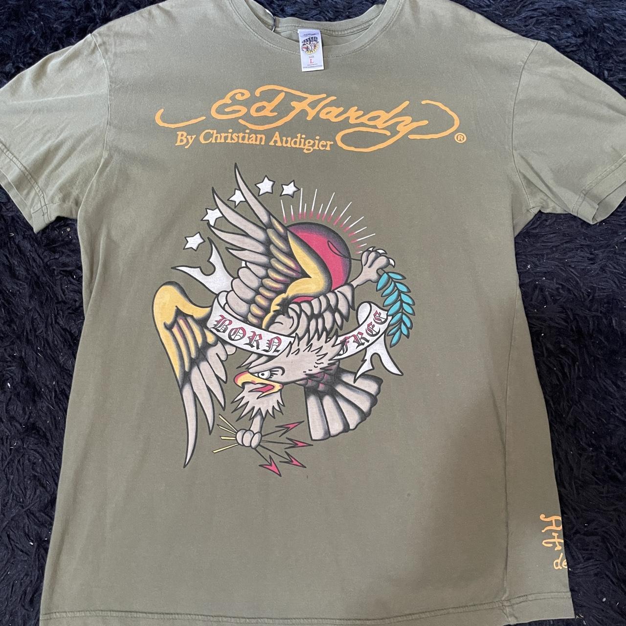 Y2k grunge Ed Hardy khaki shirt Size L Essential Ed... - Depop