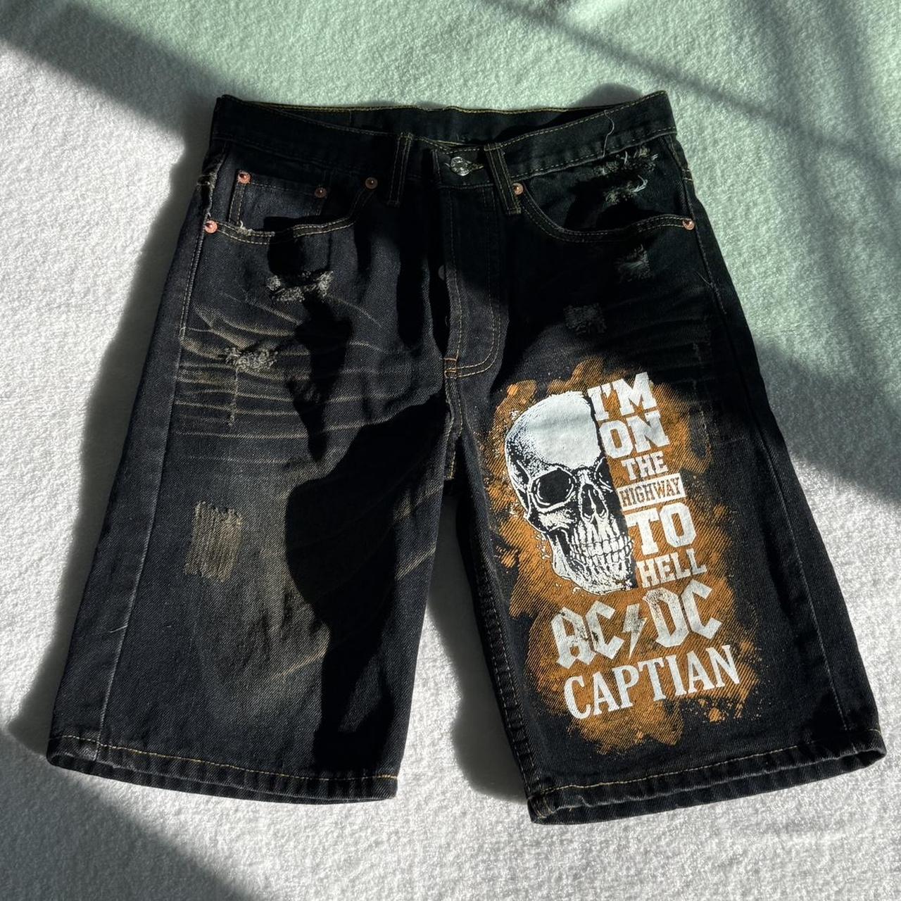 Black & orange AC/DC shorts Knight Captain Denim... | Depop