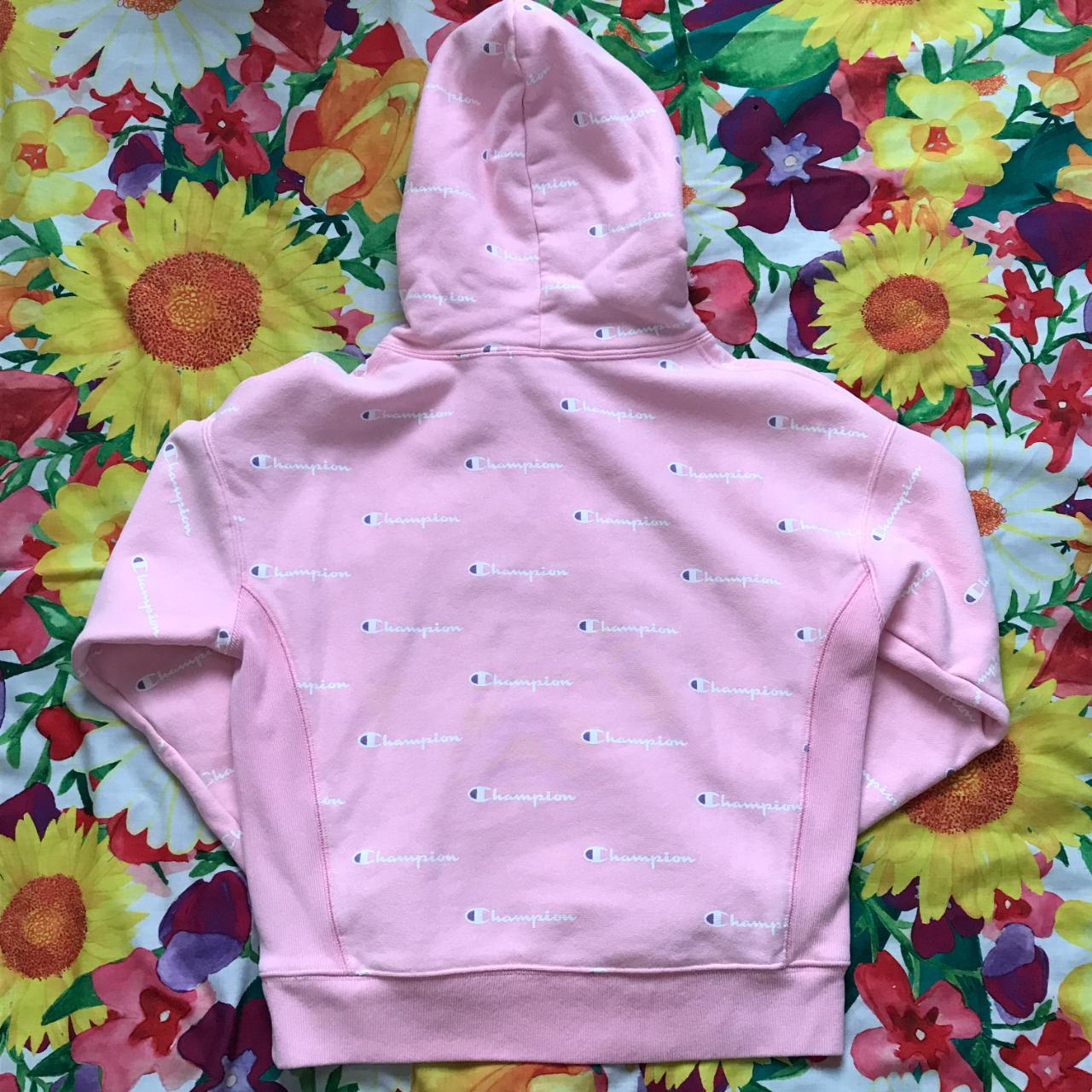 Champion Pink Reverse Weave Allover Logo Pullover | Depop