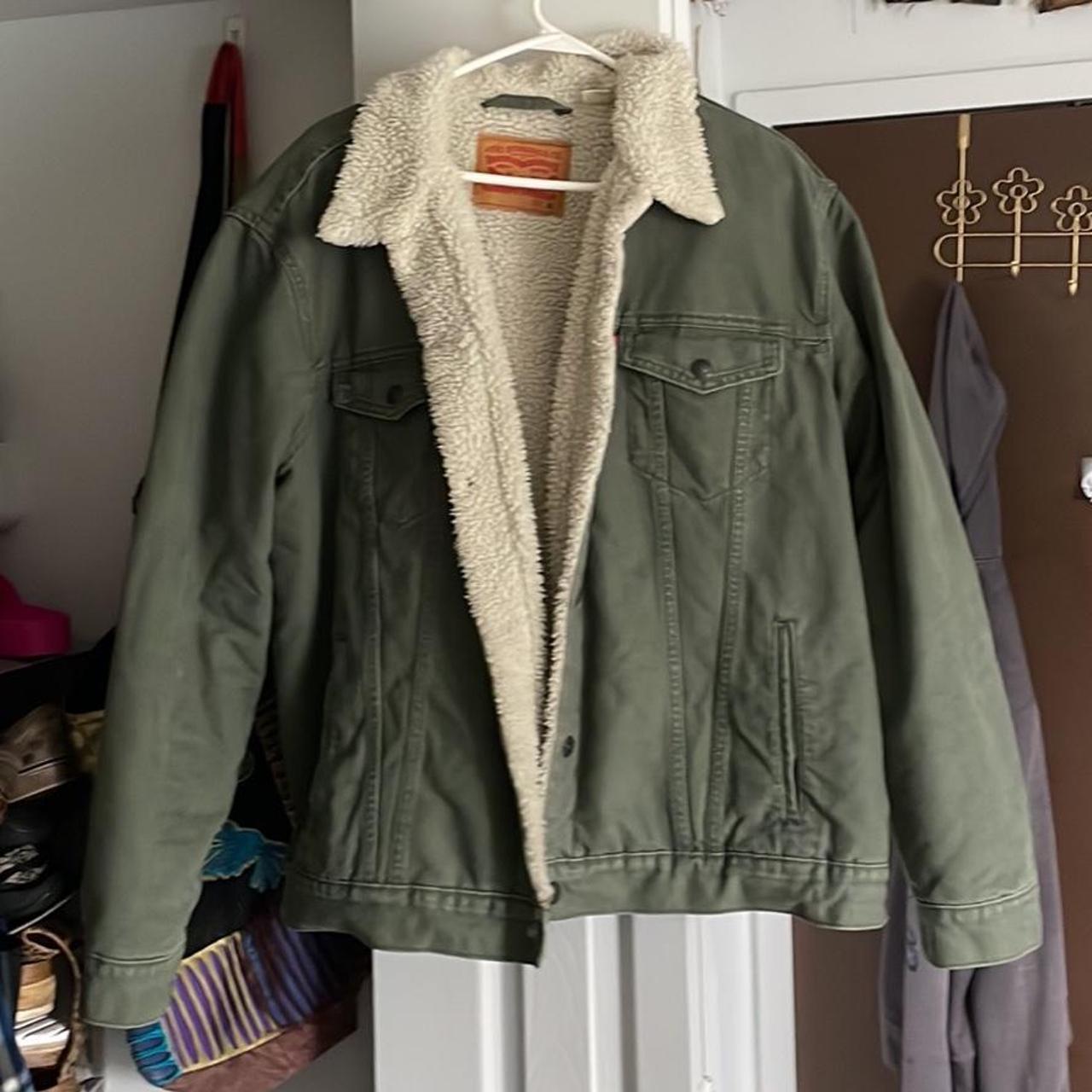 Levi's dark green denim jacket with faux sheepskin... - Depop