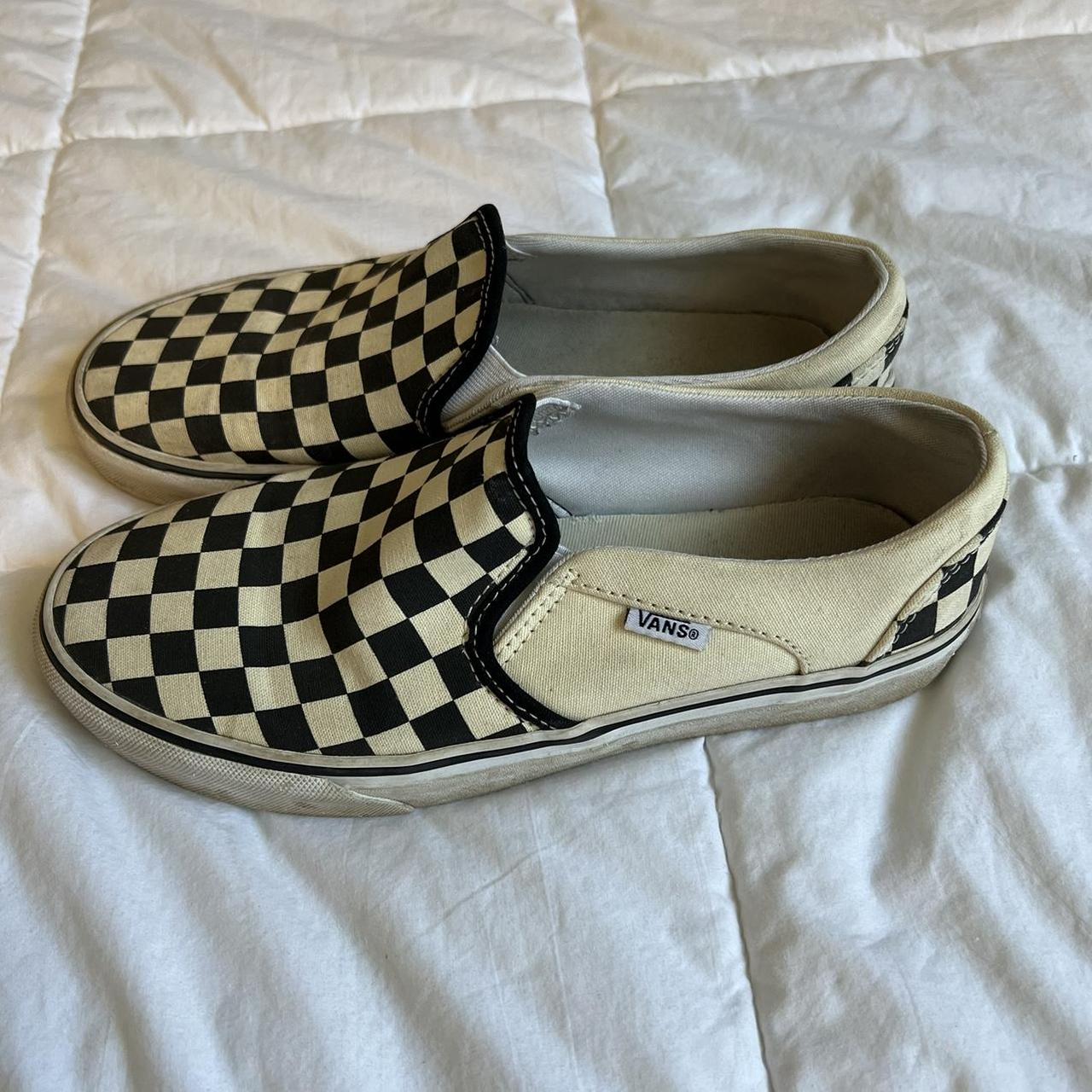 Checkered cream and black slip on Vans Women’s... - Depop