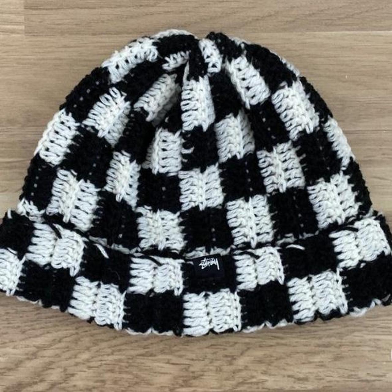 STÜSSY CHECKERED / CROCHET BEANIE HAT 30% WOOL 70%... - Depop