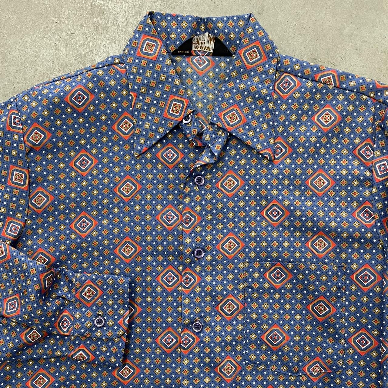 Vintage button up shirt 1970s blue red gold and... - Depop