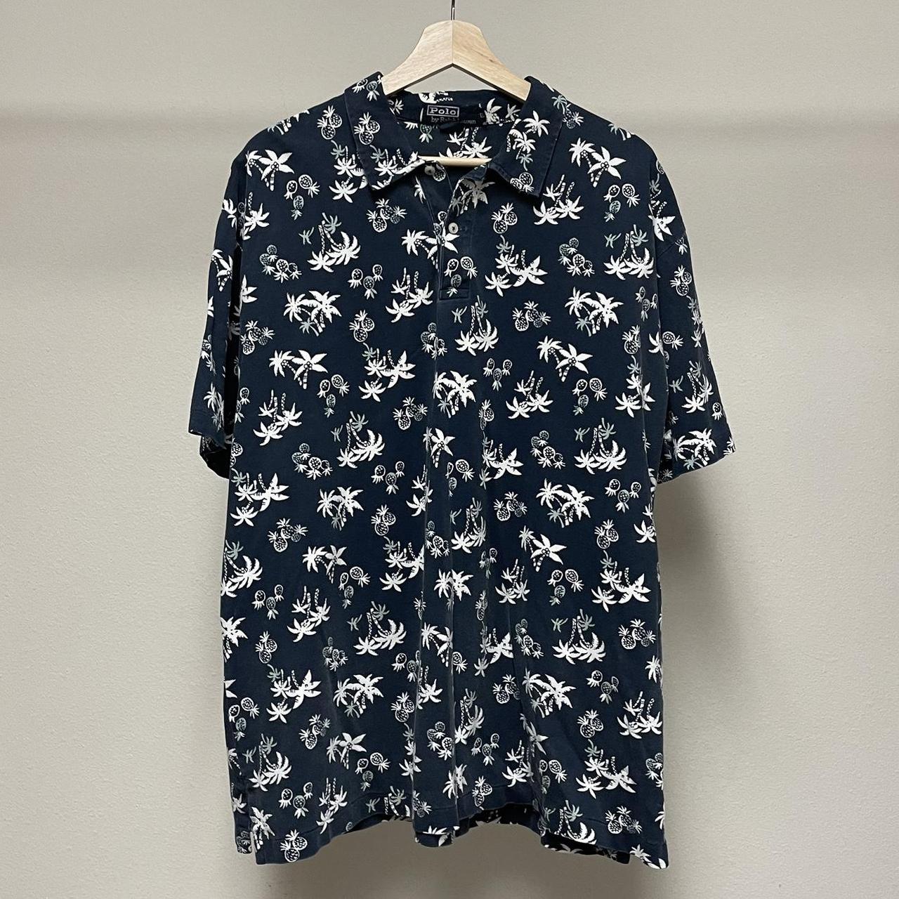 Vintage Polo Hawaiian polo shirt 1990s navy blue... - Depop