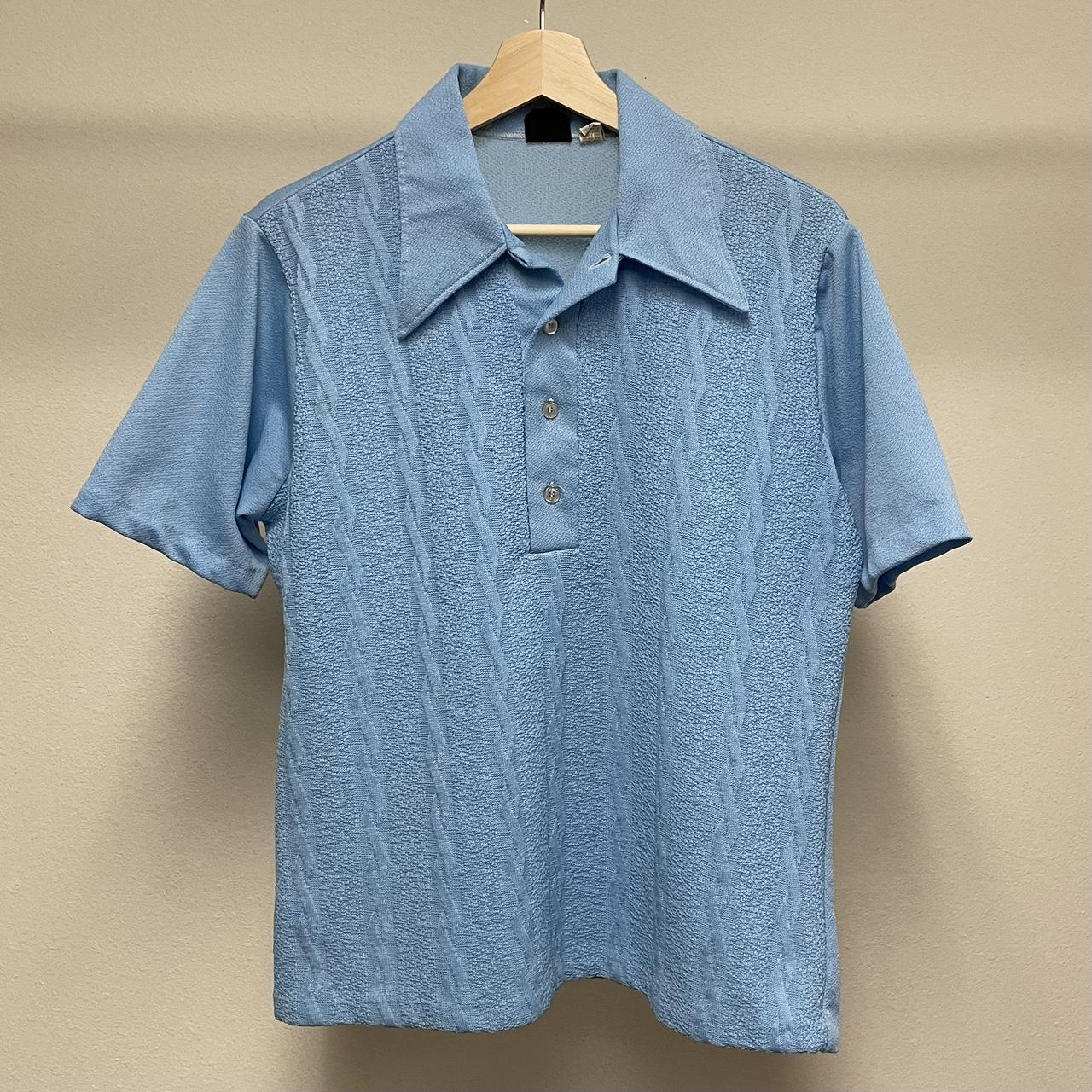 Vintage knit polo shirt 1970s light baby blue cable... - Depop