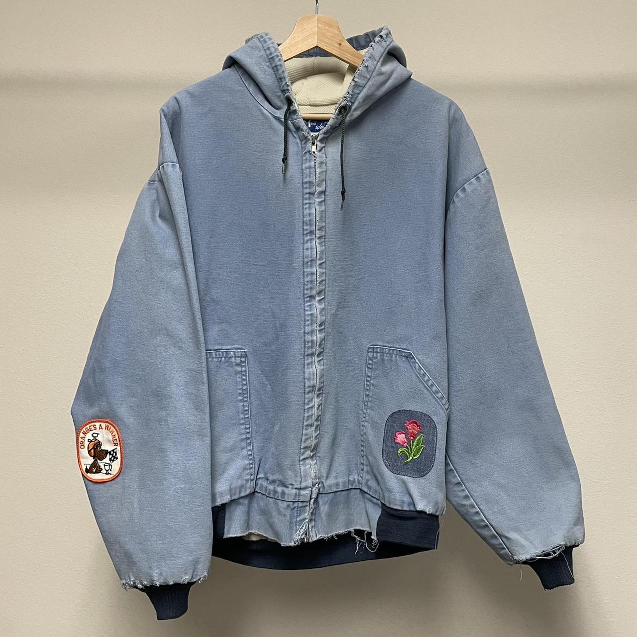 Vintage workwear coat with patches 1990s baby blue... - Depop