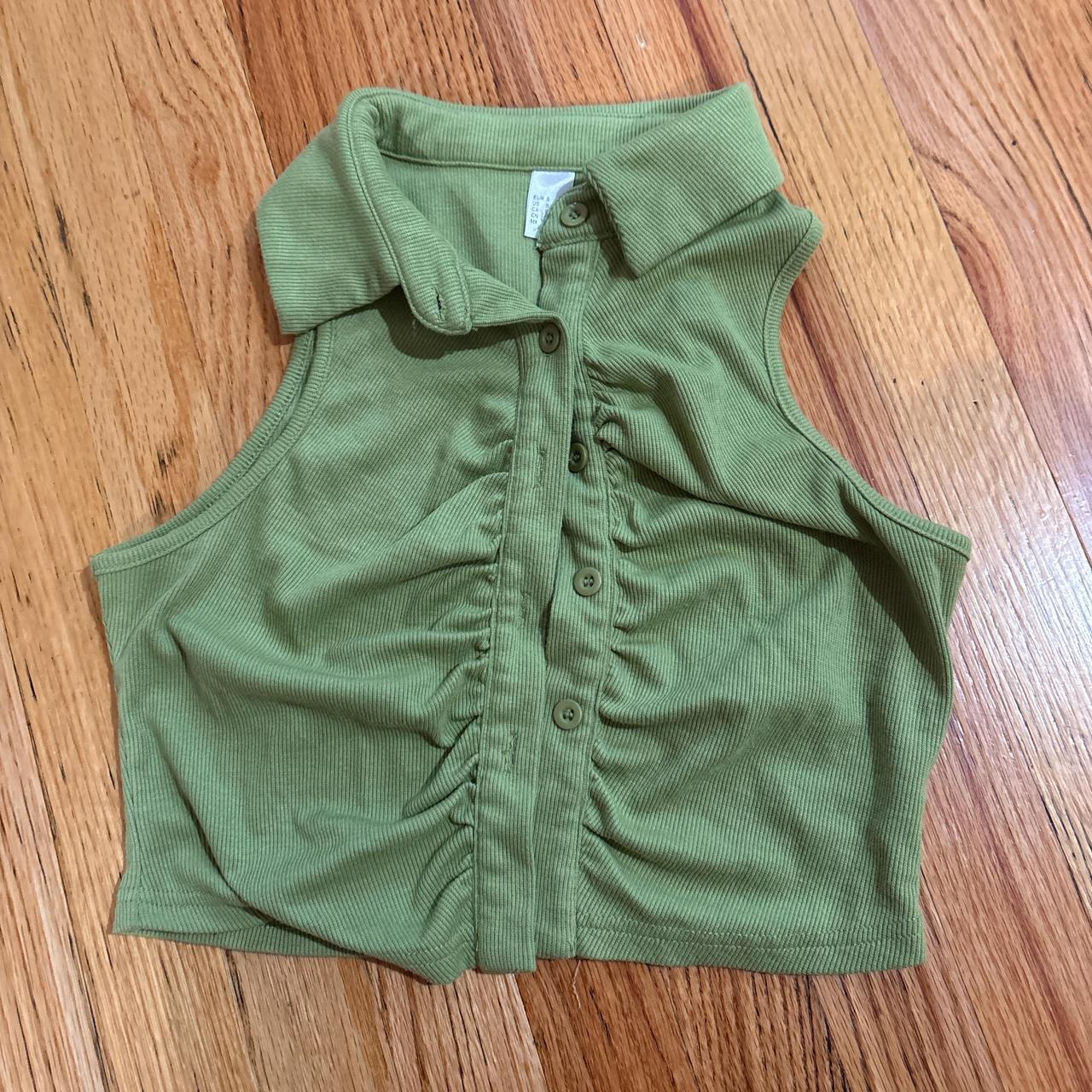Green collared crop top button up Scrunched in the... | Depop