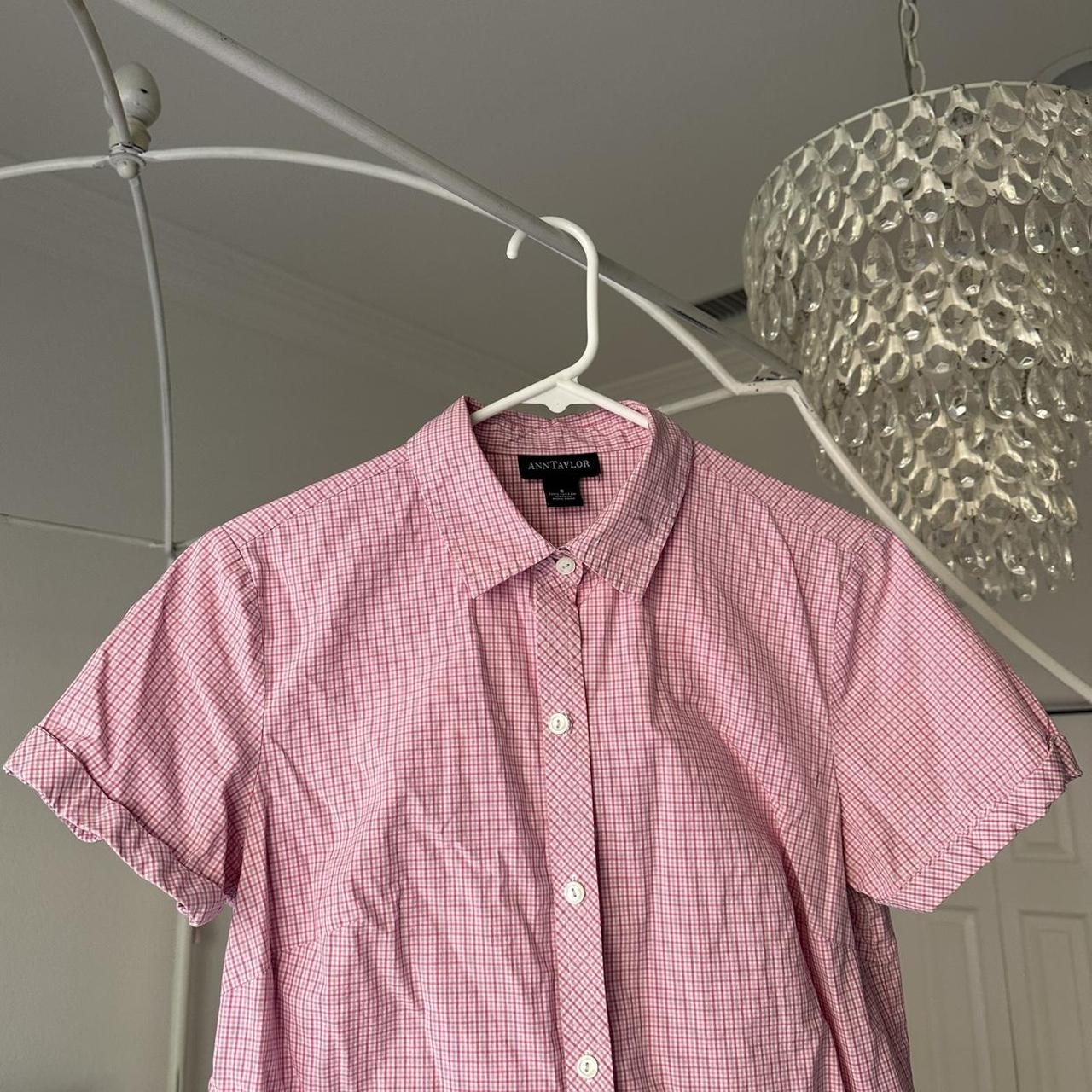 ann taylor pink striped button down shirt collared... - Depop