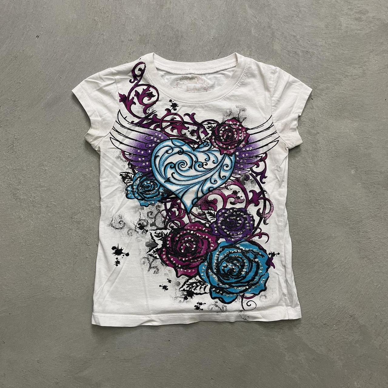 Y2K Ed Hardy Style Top 2000s punk bedazzled roses... - Depop