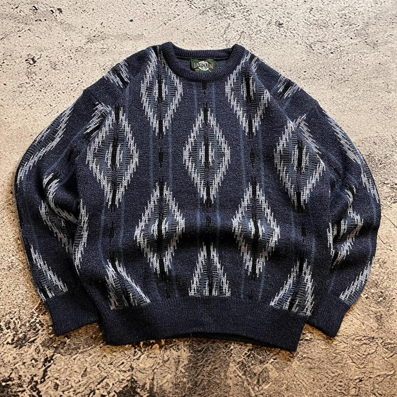 Vintage Patterned Sweater 90s made in usa blue... Depop