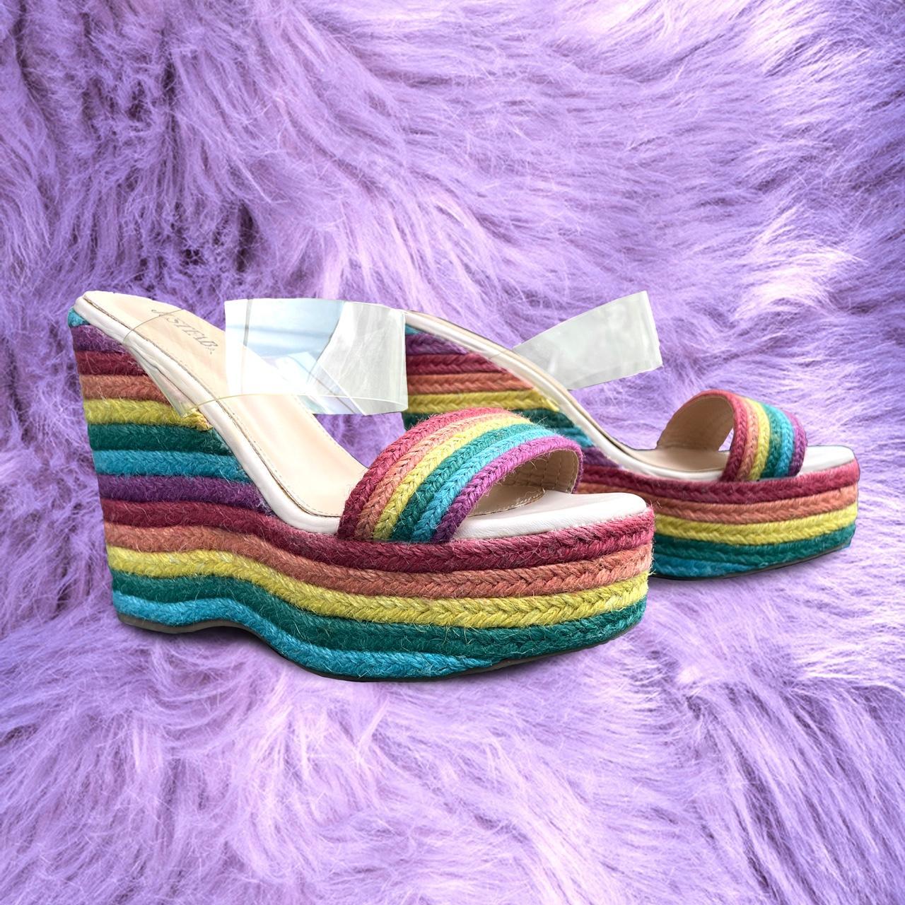 Fabulous rainbow wedges with a clear perspex strap. Depop