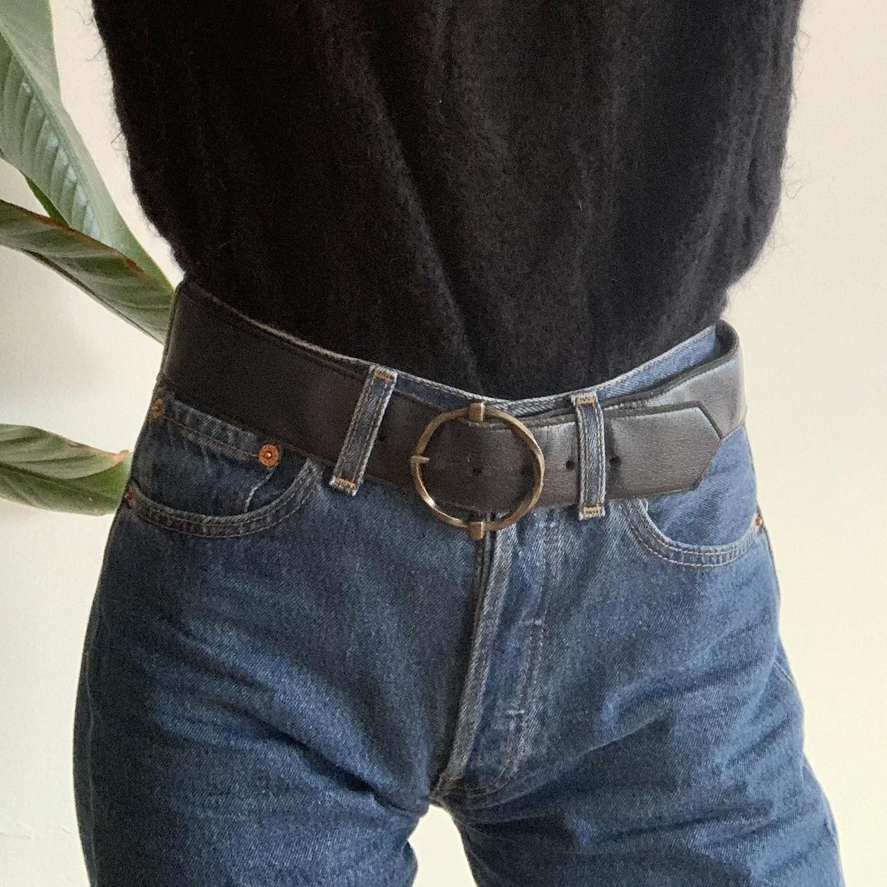 Vintage leather belt with dark navy blue leather and... - Depop