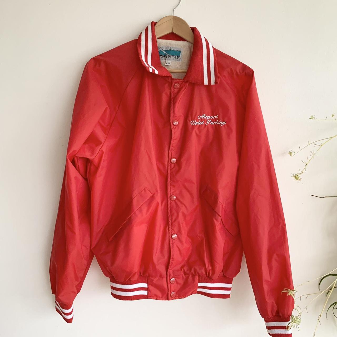 Vintage bomber jacket in red with white stripes,... - Depop