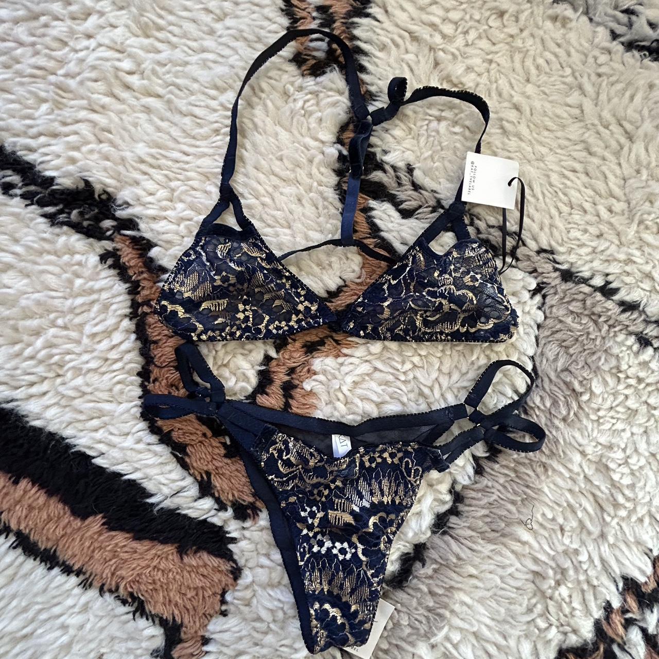 Kat The Label Women's Navy and Gold Bra Depop