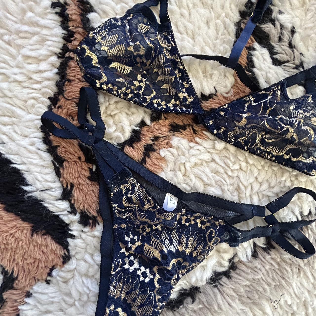 Kat The Label Women's Navy and Gold Bra Depop